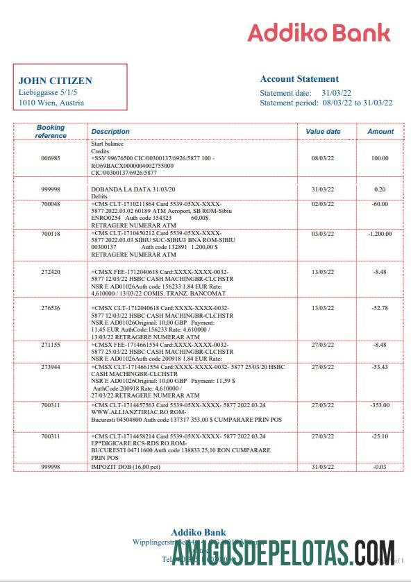 Modelo realista de extrato bancário da Áustria Addiko em formato Word e PDF